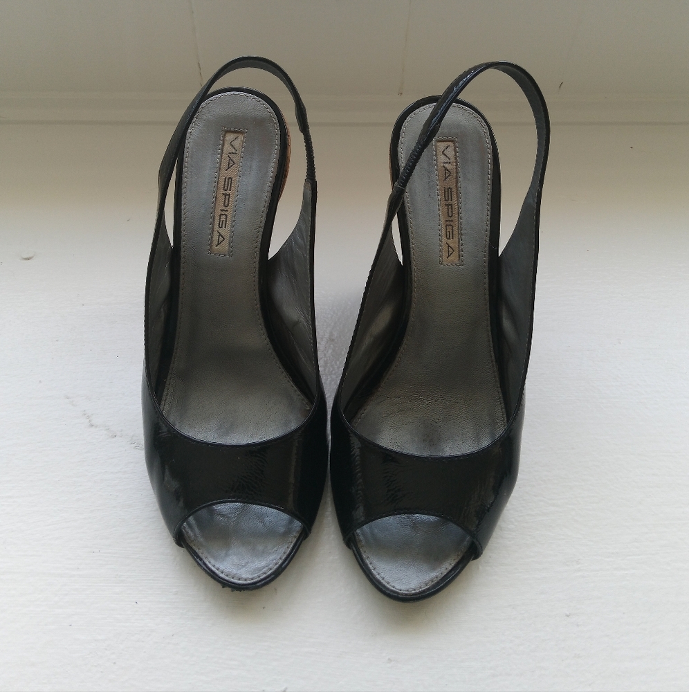 Via Spiga Black Patent Peep Toe Cork Wedges Size 5.5 4.75" heel - Picture 3 of 8